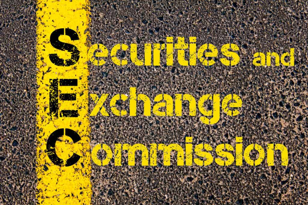 Acronym SEC Securities and Exchange Commission written over road marking yellow paint line.