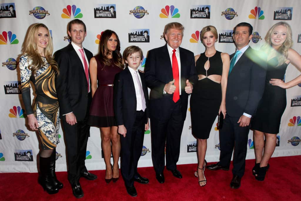 NEW YORK-FEB 16:(L-R)Lara Yunaska, Eric Trump, Melania Trump, Barron Trump, Donald Trump, Ivanka Trump, Donald Trump Jr. & Tiffany Trump at 'Celebrity Apprentice' on February 16, 2015 in New York.