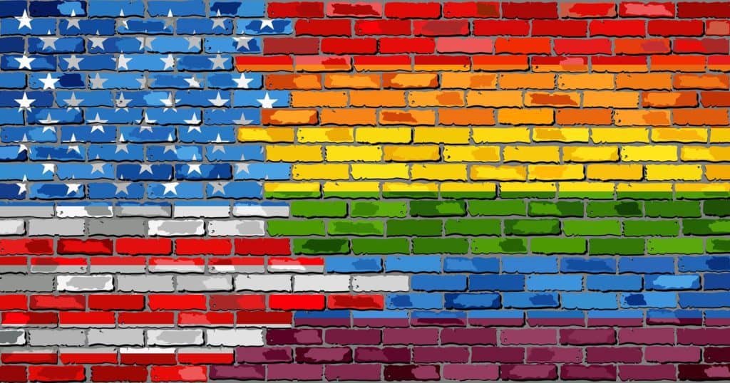 Brick Wall USA and Gay flags - Illustration, Rainbow flag on brick textured background, Flag of gay pride movement painted on brick wall, Abstract grunge United States of America flag and LGBT flag