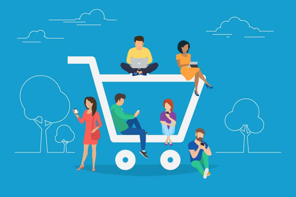 E-commerce cart concept illustration of young people using mobile gadgets such as tablet and smartphone for online purchasing and ordering goods. Flat guys and women sitting on the ecommerce symbol