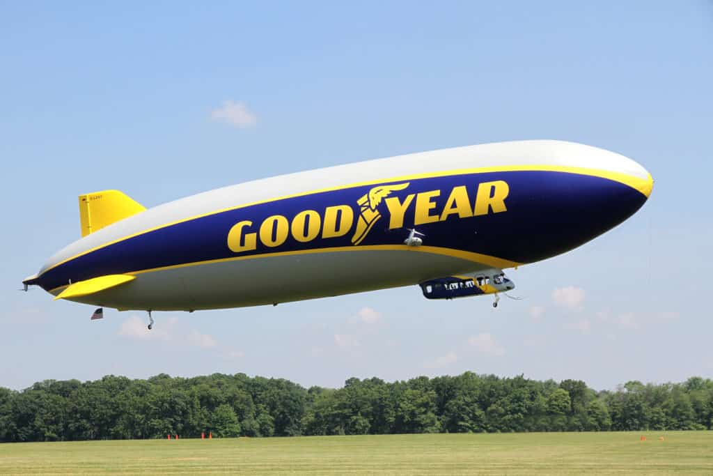 SUFFIELD OHIO USA - June 28 2014: The Goodyear Zeppelin NT flying at the Airship Base in Suffield Ohio.