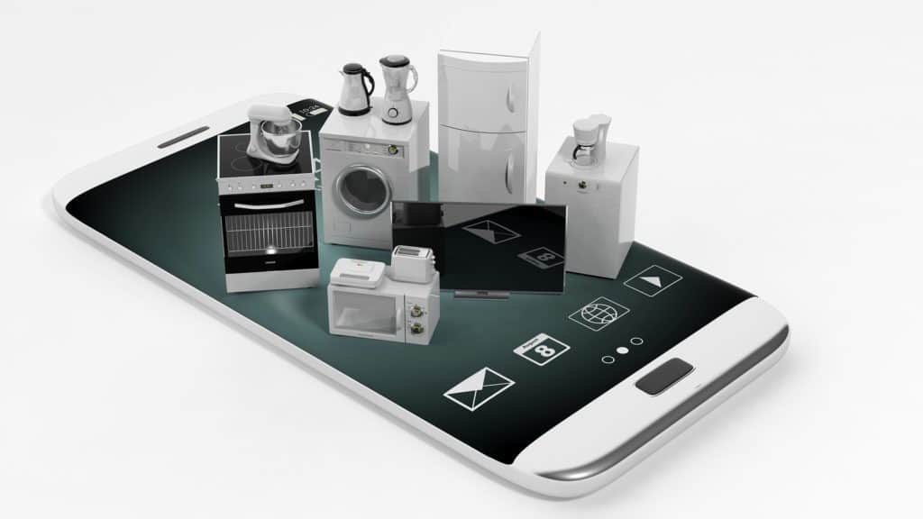 3d rendering set of home appliances on a smart phone