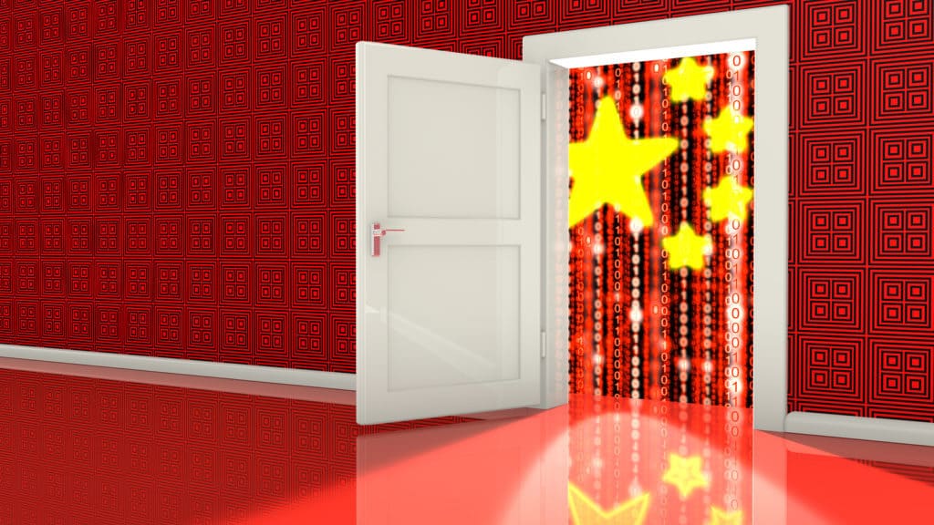 Open white backdoor in a red wall leading to a Chinese digital flag made from ones and zeros cybersecurity concept 3D illustration