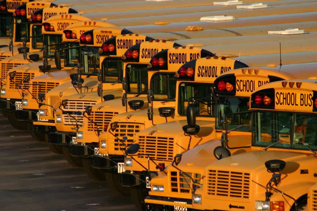 full school bus lot just after school let out for the summer