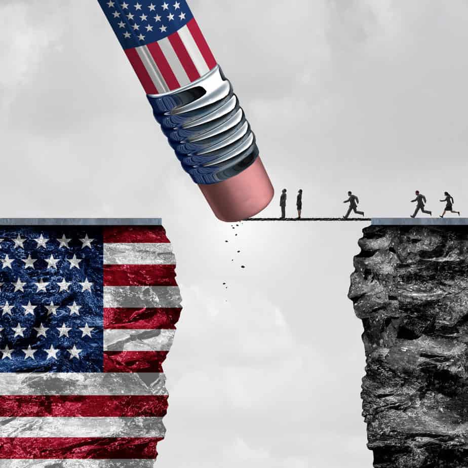 United States border isolationism and protectionism or American immigration refugee crisis as people running to cross a bridge that is being erased by a pencil with a US flag on a cliff as a social issue on refugees or illegal immigrants with 3D illustrat