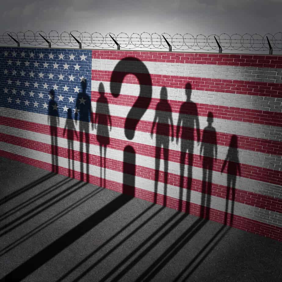 United States refugee question and immigration government policy as extreme vetting for banned newcomers in America as the cast shadow of international migrants on a wall with a US flag with 3D illustration elements.