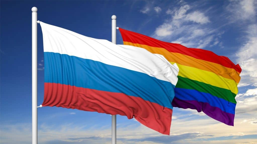 3d rendering rainbow colors flag with Russia flag