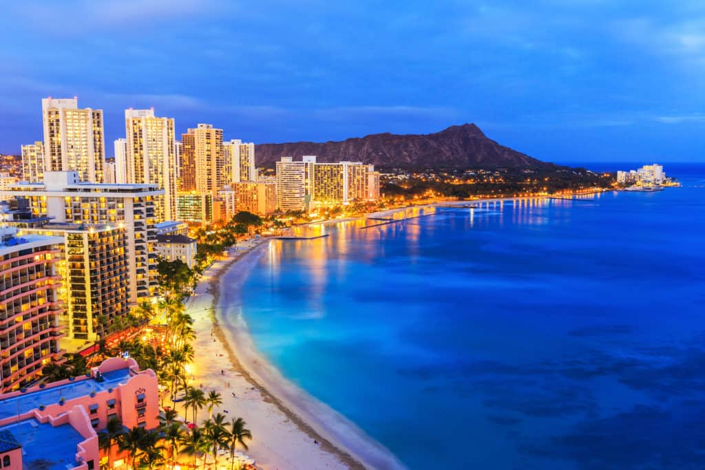 Honolulu, Hawaii. Skyline of Honolulu, Diamond Head and Waikiki Beach