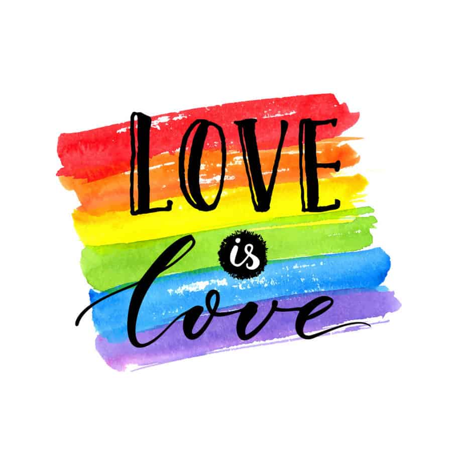 Love is love - LGBT pride slogan against homosexual discrimination. Modern calligraphy on rainbow watercolor flag