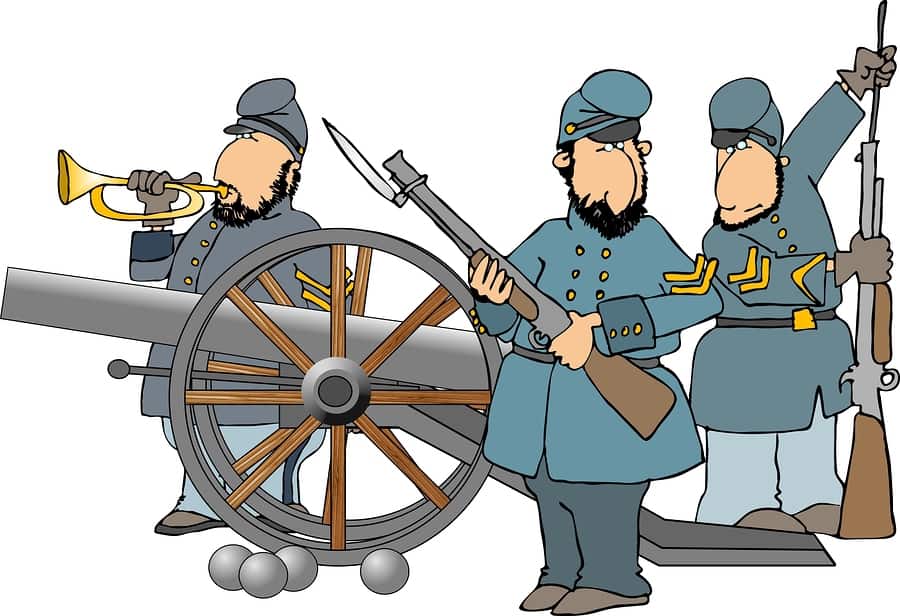 this illustration depicts three american civil war soldiers with a cannon.