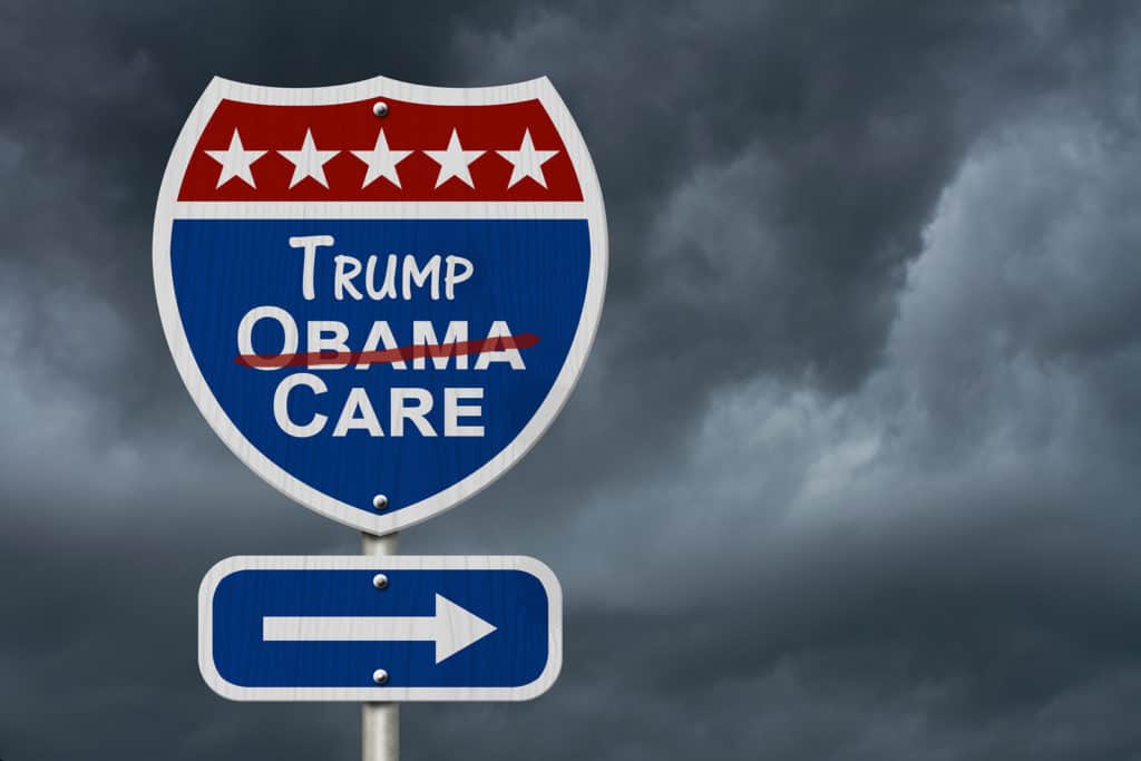 Repealing and replacing Obama Care healthcare insurance Red white and blue interstate highway road sign with words Trump Care with stormy sky background 3D Illustration