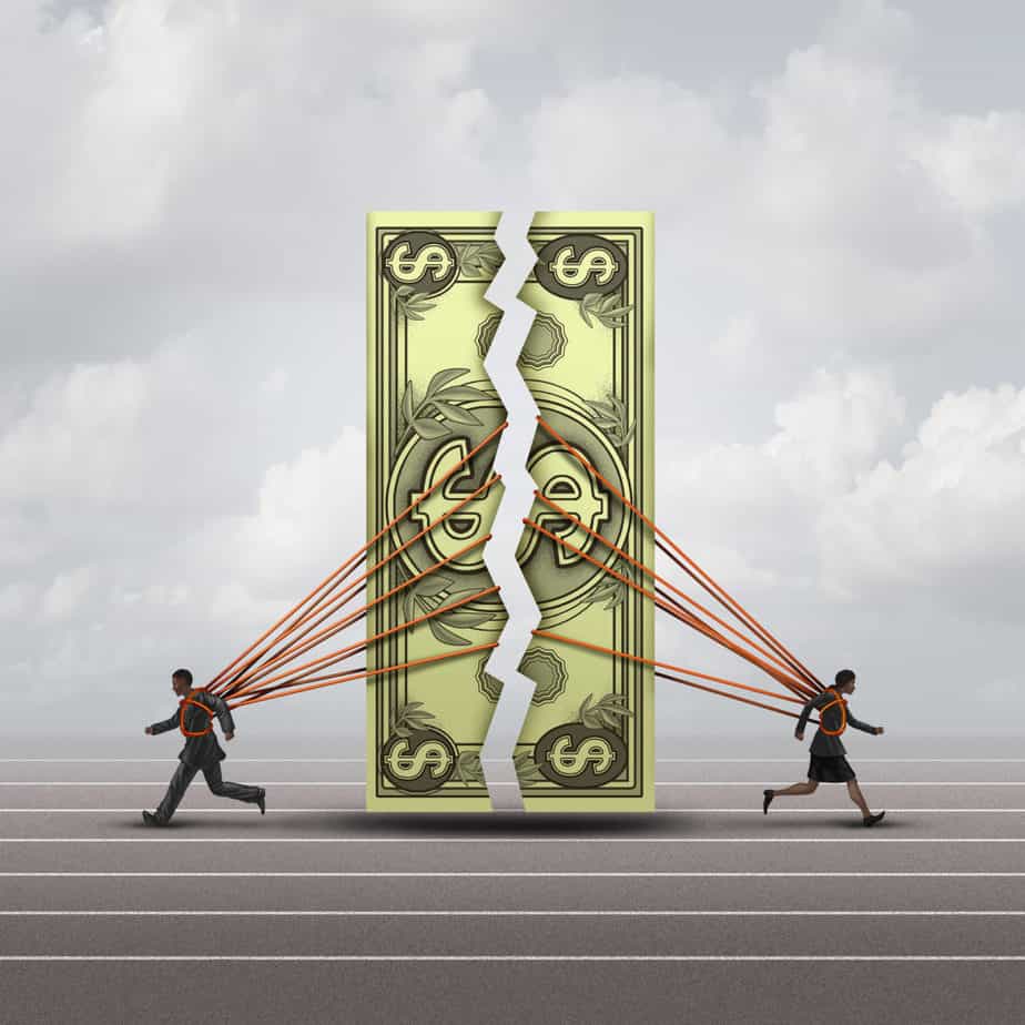 Equal pay concept and gender wage gap symbol as a man and woman pulling apart a generic dollar as a financial compensation metaphor for equality in the workplace or prenuptual agreement with 3D illustration elements.