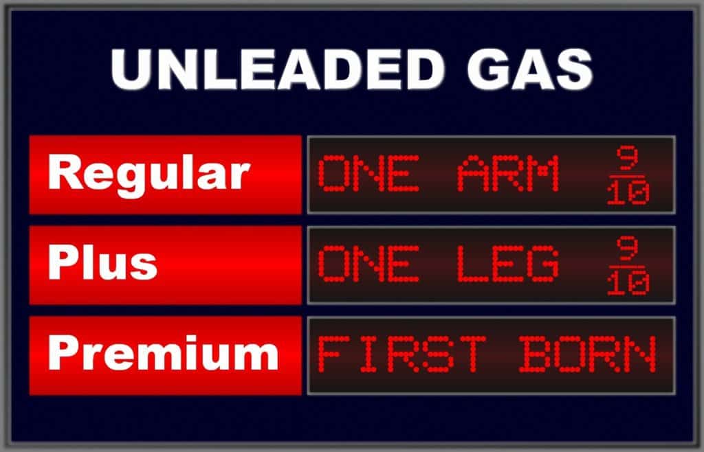 Humorous and outrageous expensive gas station price display to illustrate gouging and speculation and the rising cost of filling up with regular unleaded gasoline