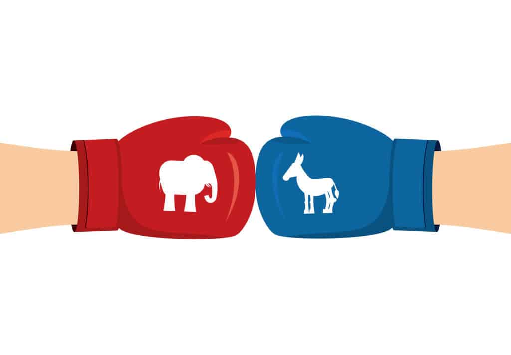 Elephant and Donkey boxing gloves. Symbols of USA political party. American Democrat versus Republican. Elections in United States. Battle for votes