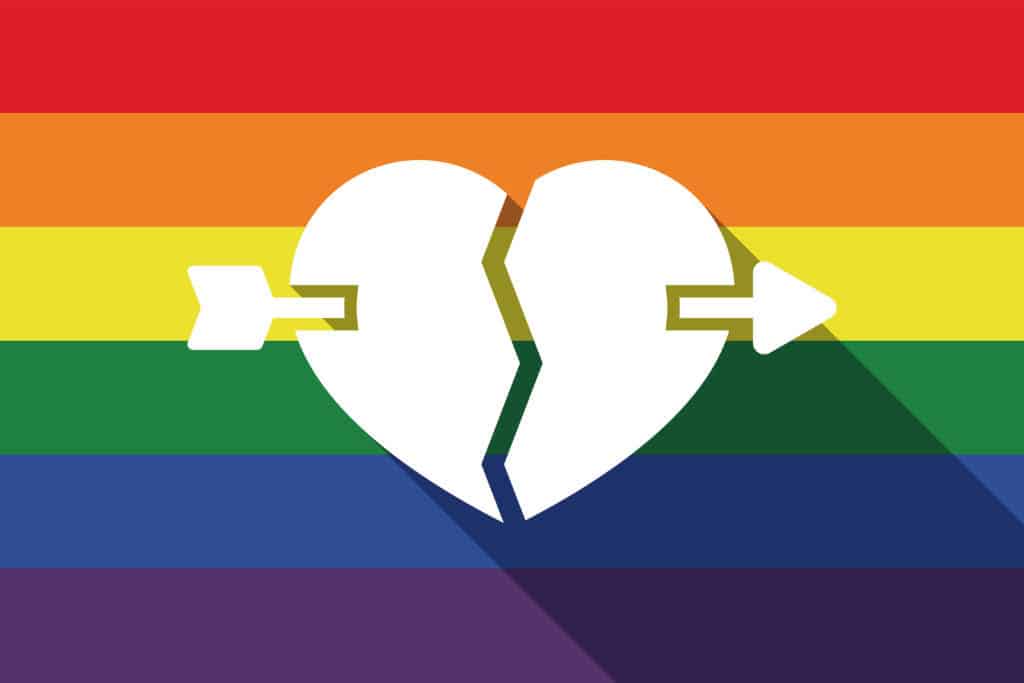 Illustration of a long shadow gay pride flag with a broken heart pierced by an arrow