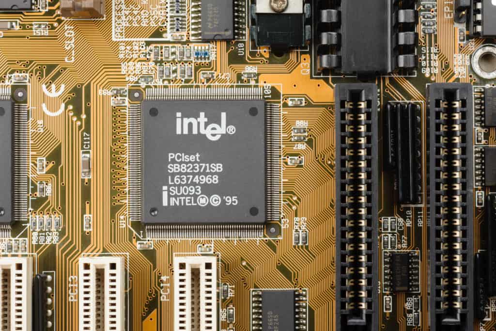 BANGKOK THAILAND - MARCH 05 2015: Early microprocessor on motherboard from Intel. Intel is one of the world's largest and highest valued semiconductor chip makers.