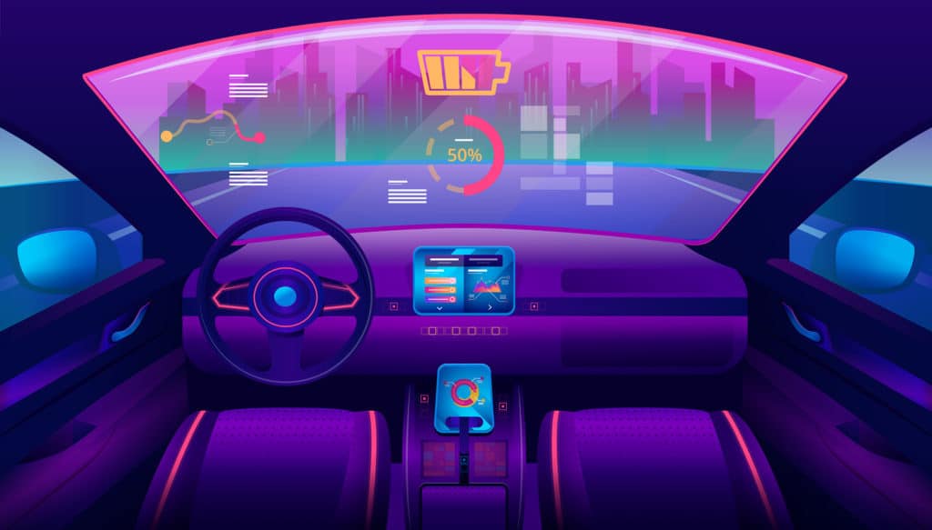 Automobile salon or driverless car interior view. Futuristic self-driving vehicle at road moving towards city. Auto piloted auto with chart and battery, smart car. Drive assistant, autopilot theme