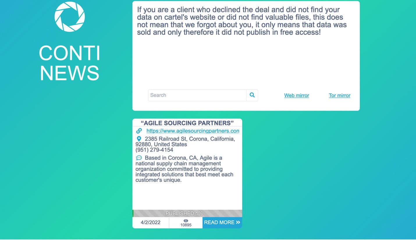 Conti's site showing agile data