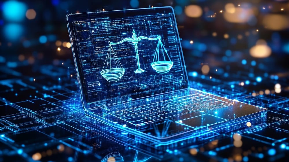 digital image of scales of justice on a laptop
