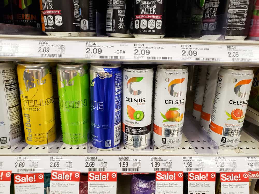 photo of celsius energy drinks on store shelf