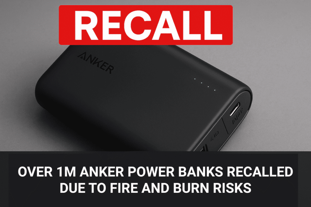 Anker PowerCore 10000 power bank shown on a gray background with a red 'RECALL' banner above and bold white text below reading 'Over 1 million Anker PowerCore 10000 power banks due to fire and burn hazards.
