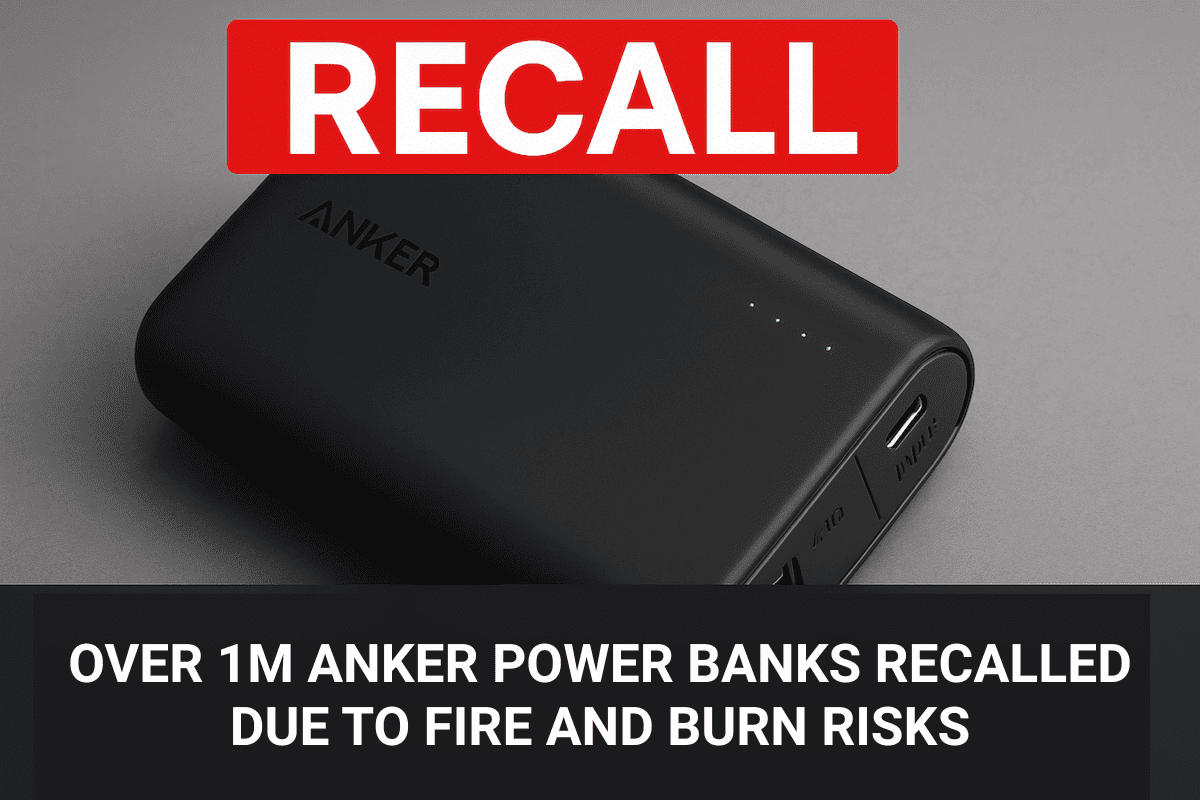 Anker PowerCore 10000 power bank shown on a gray background with a red 'RECALL' banner above and bold white text below reading 'Over 1 million Anker PowerCore 10000 power banks due to fire and burn hazards.