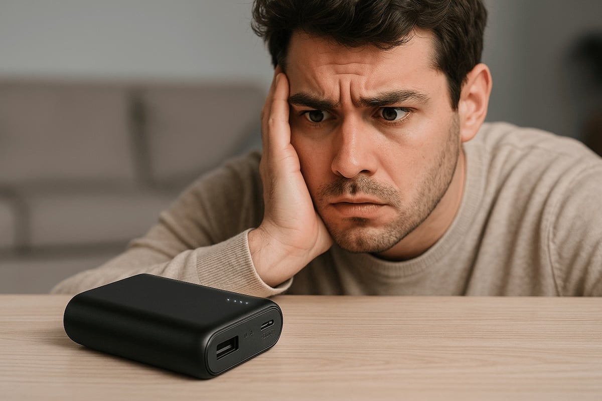 concerned man looking at a recalled anker powerbank