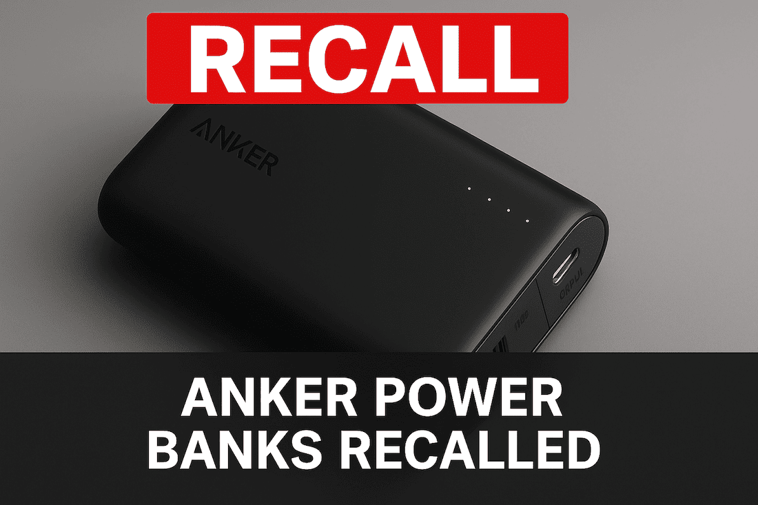 Anker PowerCore 10000 power bank shown on a gray background with a red 'RECALL' banner above and bold white text below reading 'Over 1 million Anker PowerCore 10000 power banks due to fire and burn hazards.