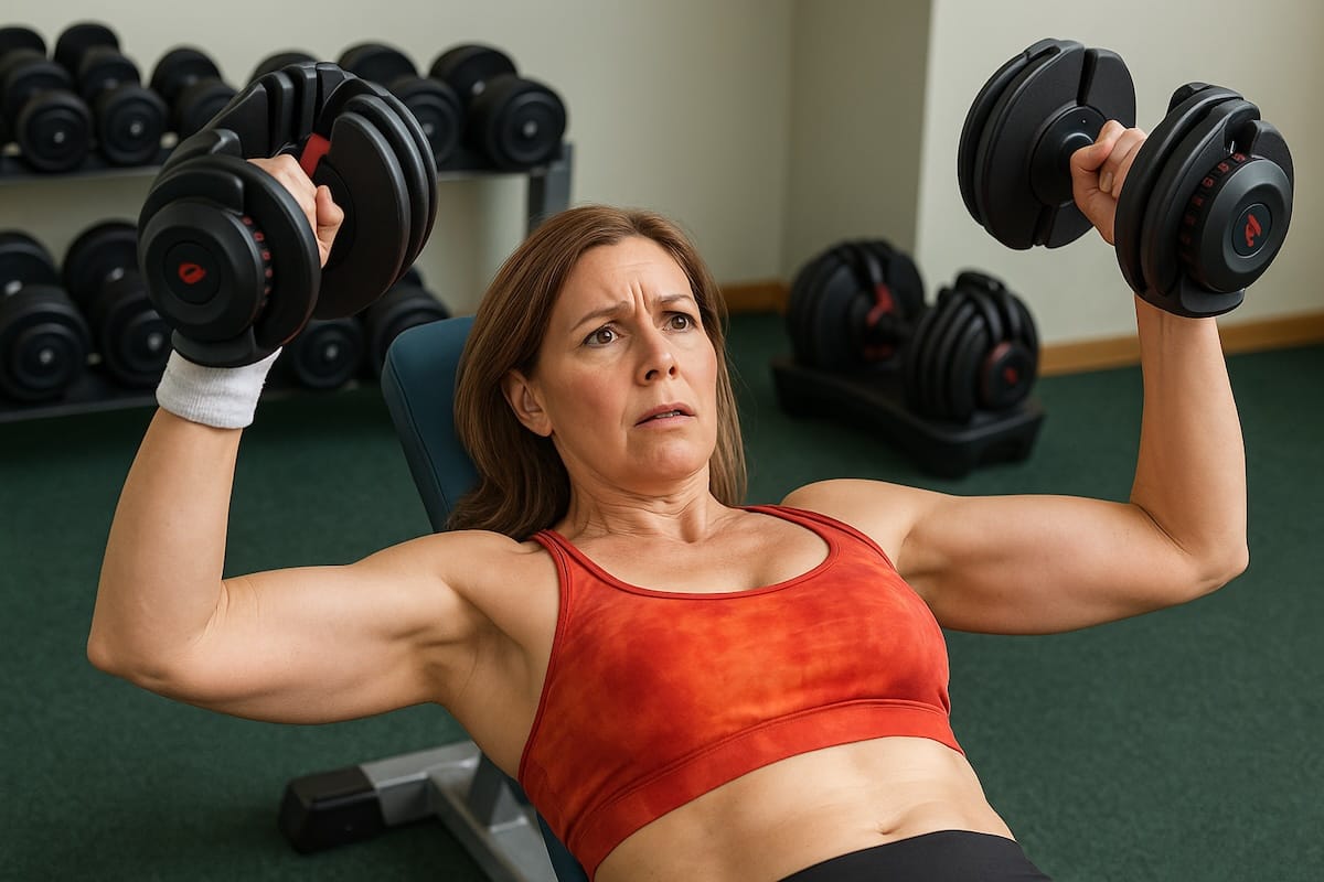 woman lifting bowflex dumbbells and looking concerned