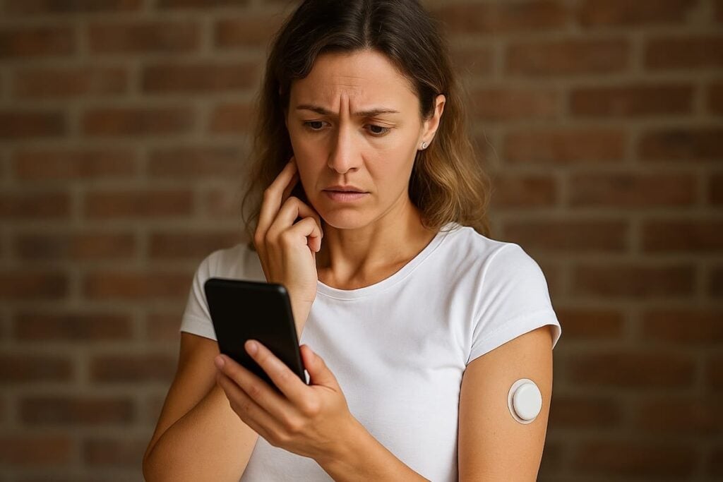 woman wearing glucose monitor and looking at phone