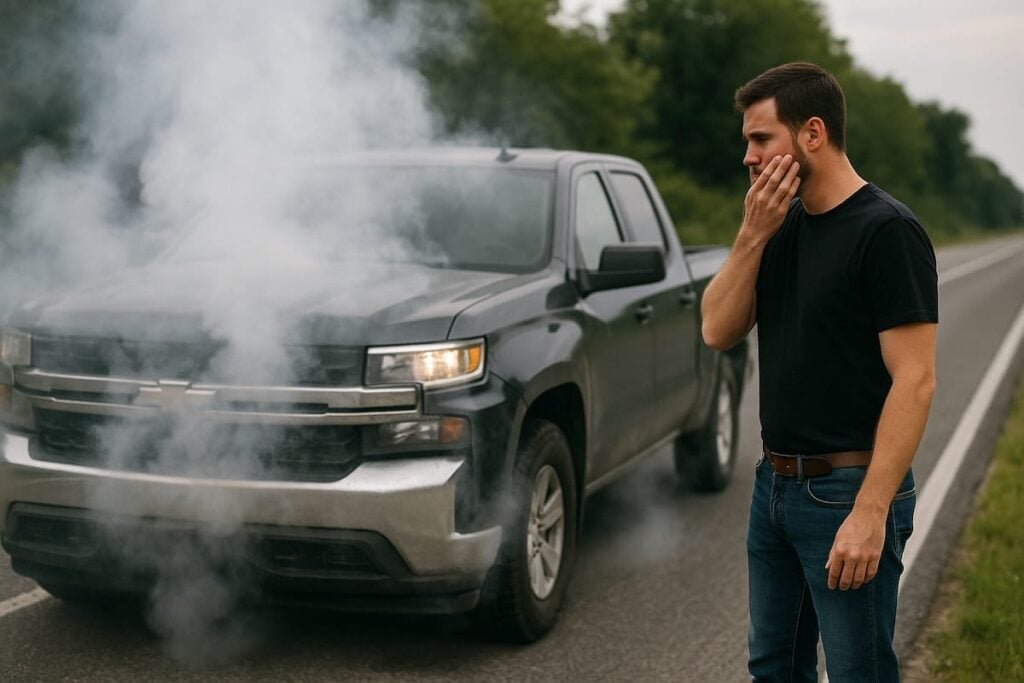 man looking at smoking Chevrolet Silverado truch