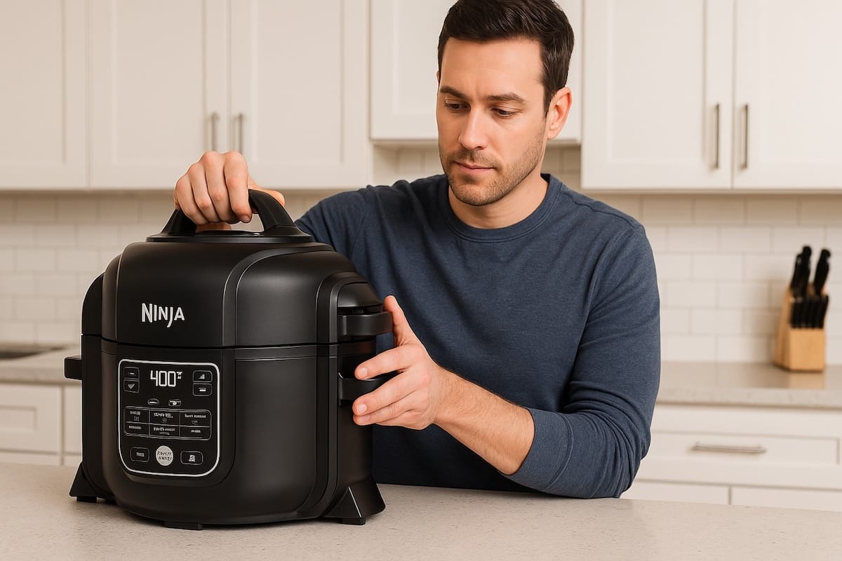 man opening ninja foodi pressure cooker in kitchen