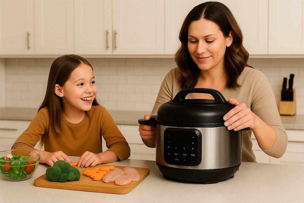 mom and daughter using a pressure cooker in the kitchen