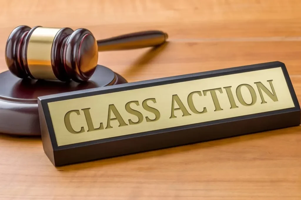 Brass Class Action nameplate next to a judge's gavel on a desk