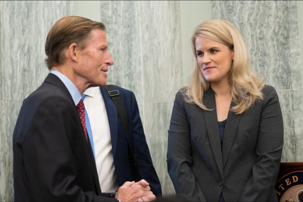 Facebook whistleblower Frances Haugen speaking with Senator Richard Blumenthal at the U.S. Senate in October 2021